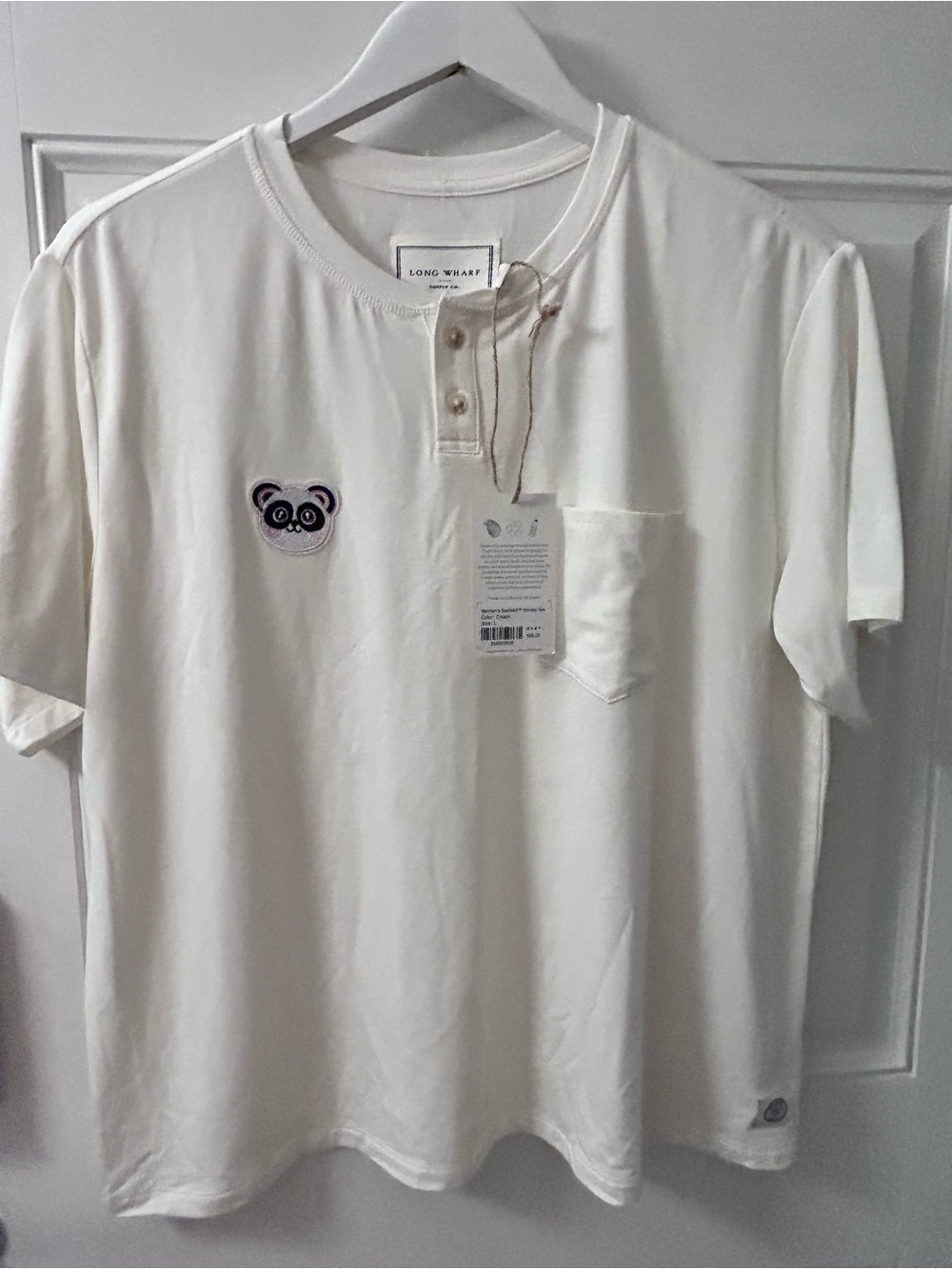 Women's White Short-Sleeve Henley Tee with Panda Patch
